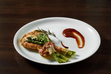 Grilled steak served with asparagus
