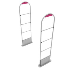 3D shop security anti-theft sensor gates. 3D render illustration of shoplifter scanner isolated on white background. Scanner entrance gate for prevent theft in shop or store. Security concept.