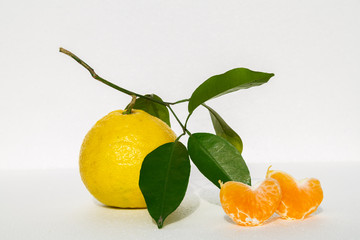 yellow tangerine on a branch and two slices of tangerine on the white background