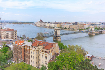Fototapeta na wymiar Panorama of Budapest with the Chain Bridge and the hungarian Parliament building, Hungary