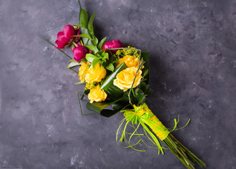 Bouquet of yellow, pink roses..  Still life with colorful flowers. Fresh roses.  Place for text. Flower concept. Fresh spring bouquet. Summer Background