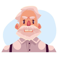 Grey haired old man face, angry facial expression cartoon vector illustrations isolated on blue background. Old man, grandfather frowns, feeling distresses, frustrated, sullen, upset. Angry face