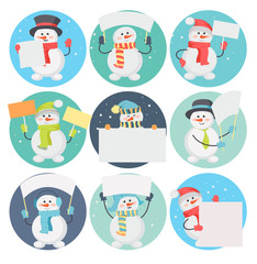 Set of Snowman Cartoons with Blank Message Board