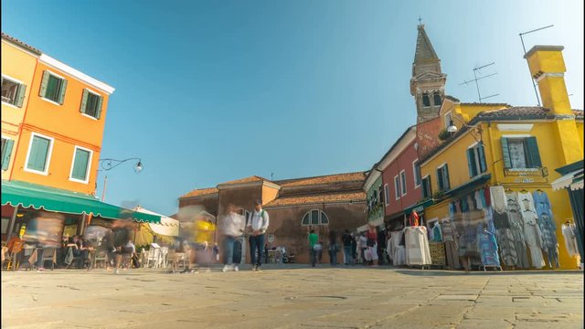 Burano Plaza Time-lapse. Timelapse of a piazza and Burano's leaning bell tower in the Venetian Lagoon town of Burano, Italy.