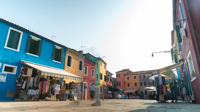 Burano Street Vendors Time-lapse. Timelapse of a piazza and street vendors in the Venetian Lagoon town of Burano, Italy.