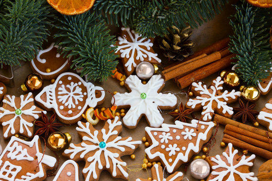 christmas gingerbread baked cookies with fir tree - christmas traditional food