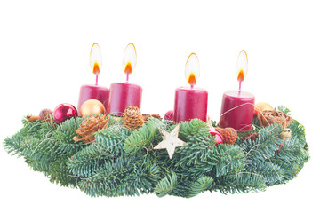 Evergreen fir tree advent garland with four burning candles isolated on white background