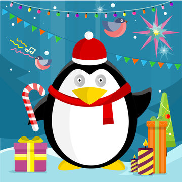 Penguin with Candy Stick Near Christmas Presents