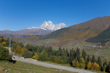 Fototapeta premium Beautiful autumn mountain landscape in Svaneti. Georgia