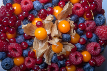 Biscuit homemade cake with cream and berries. Toned