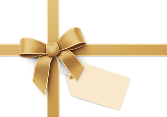 Golden ribbon with bow and blank tag - crosswise