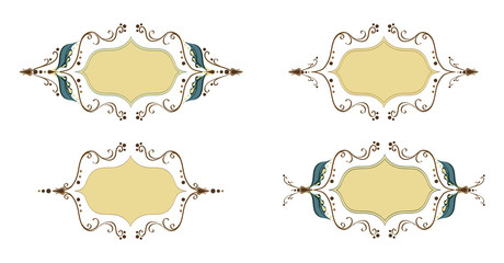 Elegant thin holiday ornament frame set. Leafs frame for design, date cards, wedding invitations. Old fashioned art work frames. Set of vintage design elements. 