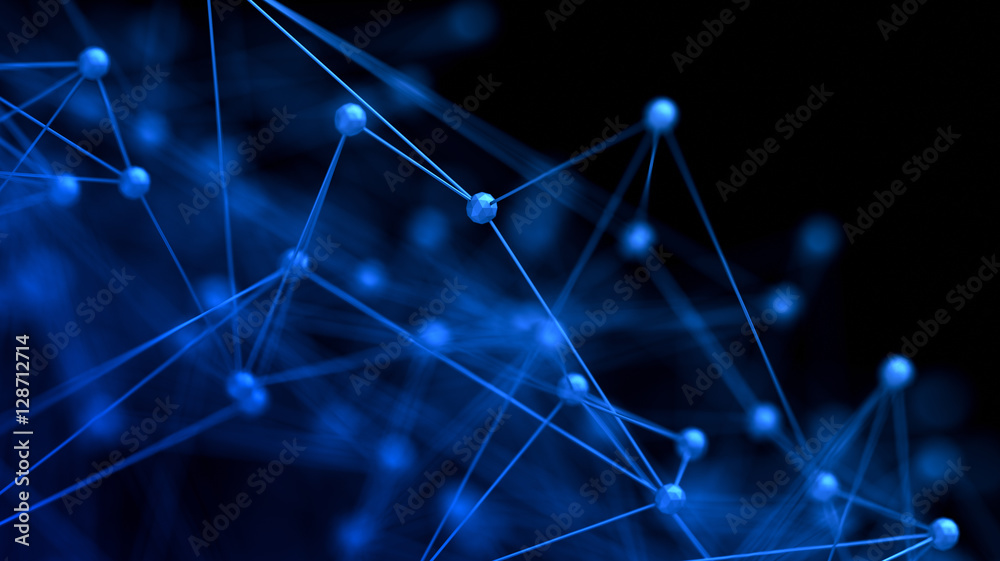 Poster abstract 3d rendering of chaotic structure. plexus background with lines and polygonal spheres in em