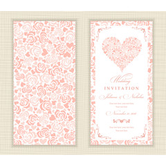 Set of 2 Wedding Invitation card with roses and hearts.