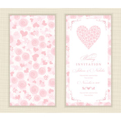 Set of 2 Wedding Invitation card with flowers and hearts.