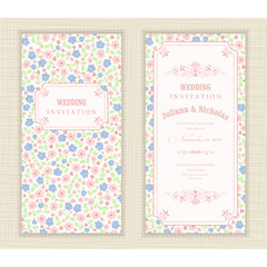 Set of 2 Wedding Invitation card with flowers and hearts.