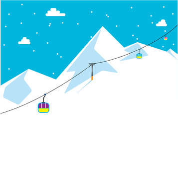 Winter snowing mountains with cable car. Skiing resort background. Vector