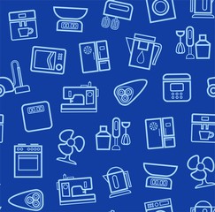 Appliances, background, seamless, blue. Vector light blue contour icons appliances for home and kitchen on a dark blue background. 