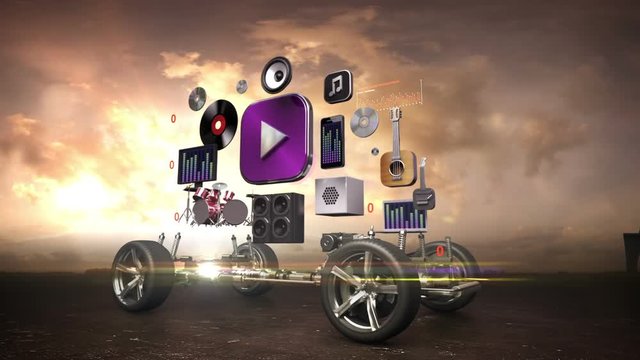 Disassembled car, Car audio video system, car entertainment, navigation panel, future car technology. sunset.