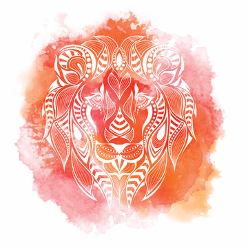 Patterned colored head of the lion. African, indian, totem, tattoo design. It may be used for design of a t-shirt, bag, postcard and poster. Abstract Background with Watercolor Stains, Vector Design