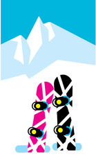 Two snowboarder in snow. Winter mountains top on the background. Vector