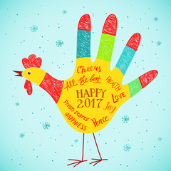 New Year 2017 card with hand print rooster design