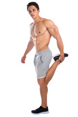 Fototapeta premium Bodybuilder Fitness Bodybuilding dehnen Dehnübung Beine Muskeln