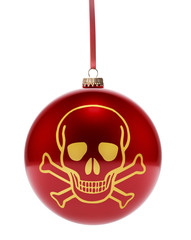 Red bauble with the golden shape of a skull.(series)