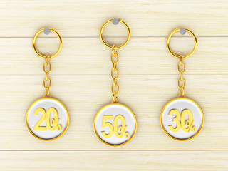 Set of golden keychains with different percentages discount is hanging on the wooden wall. 3D illustration