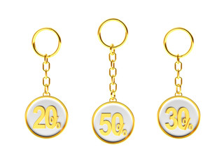 Set of golden keychains with different percentages discount on white background. 3D illustration