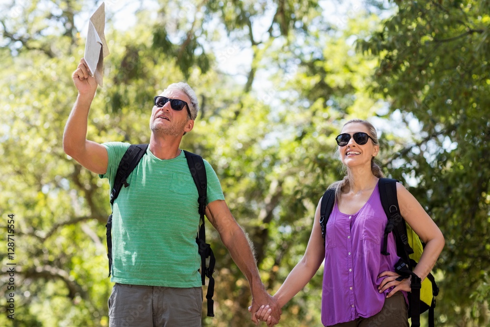 Poster Couple pointing and holding hands during a hike 