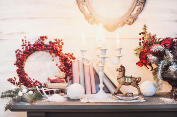 Christmas decorations with vintage wooden horse