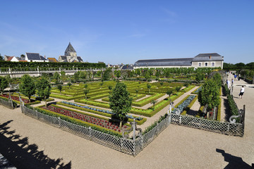 VILLANDRY, FRANCE - JUNE,2013 - Garden with Castle Villandry. The Chateau of Villandry is the last of the great chateau of the Loire built during the Renaissance in the Loire Valley.