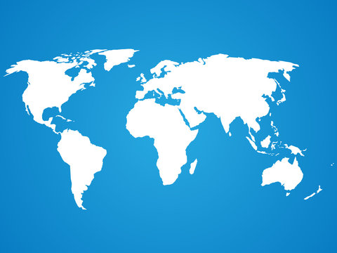 Simplified white world map silhouette on blue circular gradient background. Vector illustration.