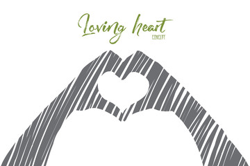 Vector hand drawn loving heart concept sketch. Heart formed by human hands and fingers. Lettering Loving heart concept