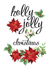 Fototapeta na wymiar Holly, jolly. Wreath of red poinsettia and leaves. Watercolor illustration.