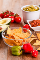 Guacamole and nacho chips.