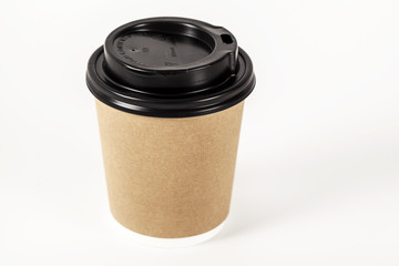 Paper cup of coffee on white background