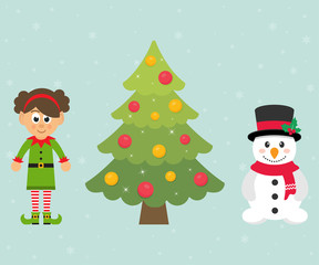 cartoon girl elf and snowman and christmas fir tree