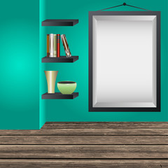 Mock up frame on the wall, illustration of room with shelves and frame 