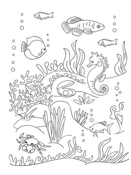 Sea bottom coloring book page.