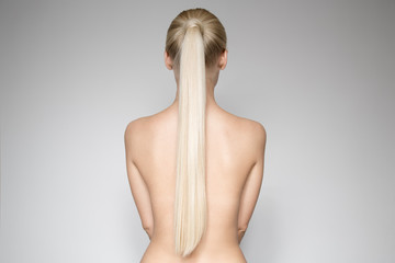 Portrait Of A Beautiful Young Blond Woman Ponytail Hairstуle - obrazy, fototapety, plakaty