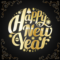 Gold Happy New Year Lettering circle on black. Vector illustrati