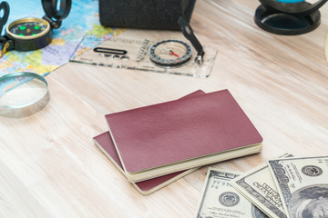 Travel preparation : compass, money, passport, road map ,hat,sun