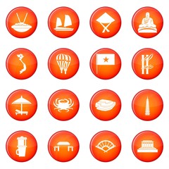 Vietnam travel icons vector set of red circles isolated on white background