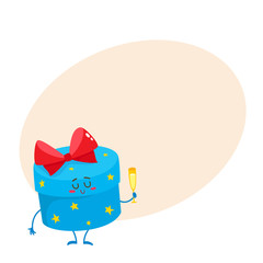 Colorful gift box with red bow character holding champagne glass, cartoon vector illustration on background with place for text. Xmas, birthday, present, gift, surprise smiling character with smiling