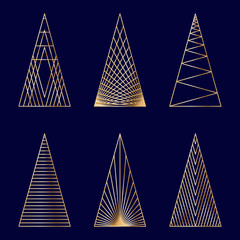 Set of linear graphic stylized Christmas trees on dark blue back