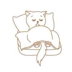 Cute cat character lying in bed tired or ill