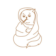 Cute cat character with mouth thermometer in blanket wrap