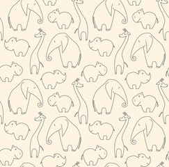 One line african animals seamless pattern on beige background